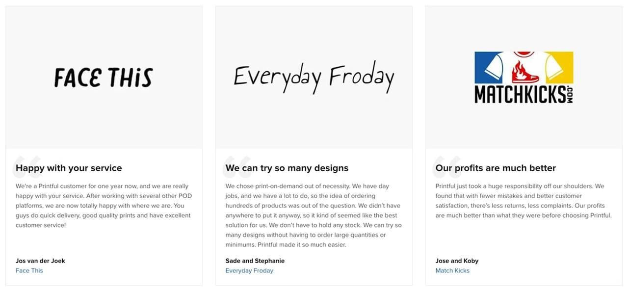Printful customer success stories page screenshot.