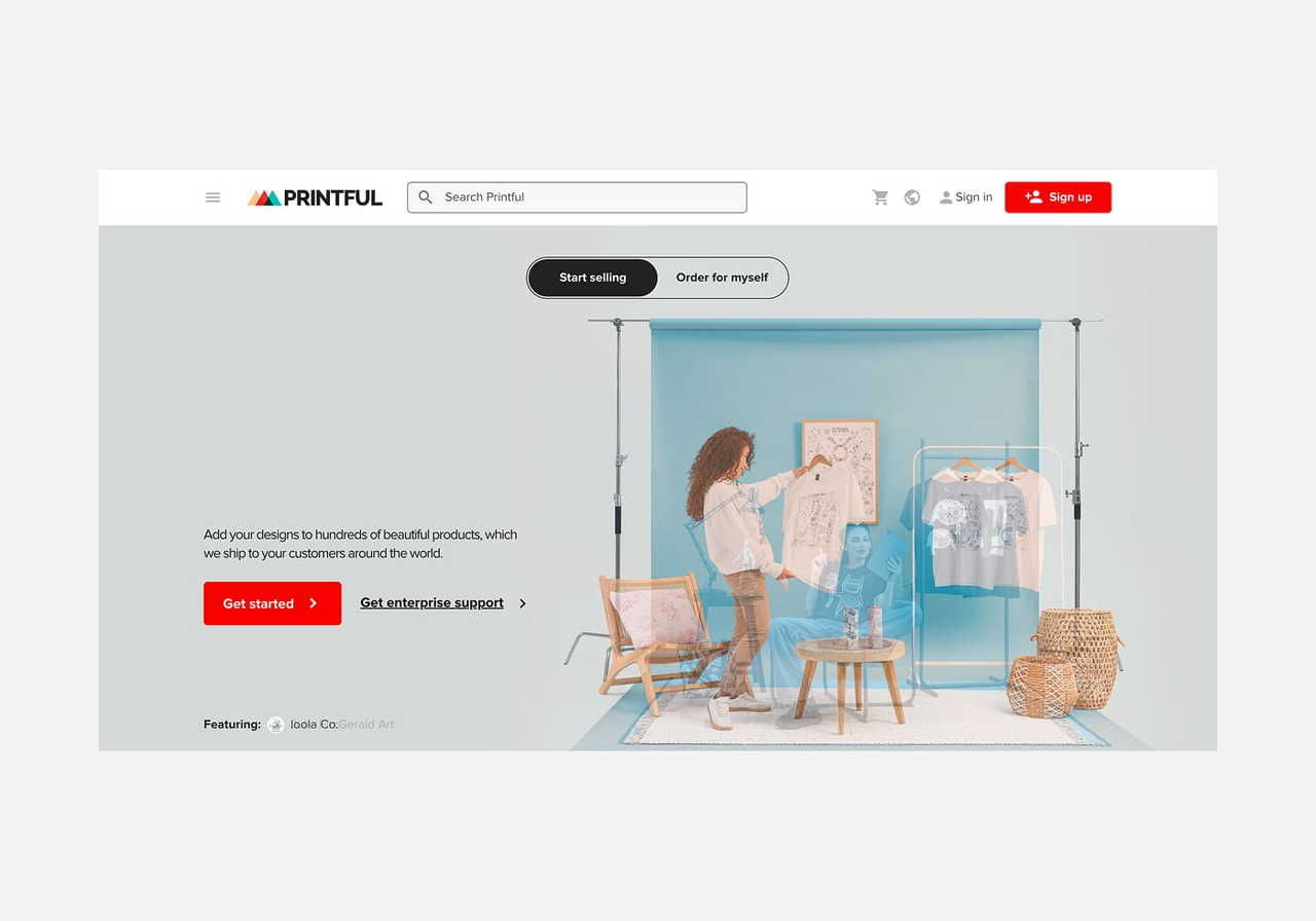Printful homepage hero section screenshot mockup.
