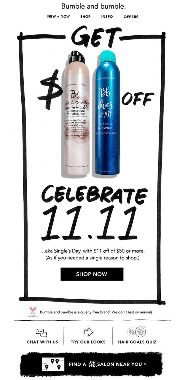 Advertisement for “Bumble and bumble: featuring two hair products. Large text reads "Get $ Off" and "Celebrate 11.11".