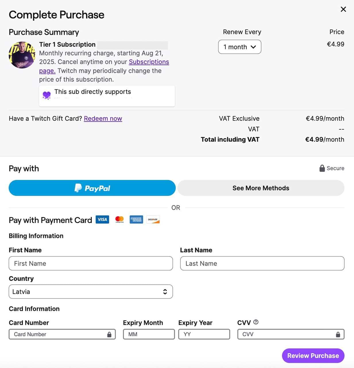 A screenshot displaying how to finalize a Tier 1 Subscription purchase on Twitch.