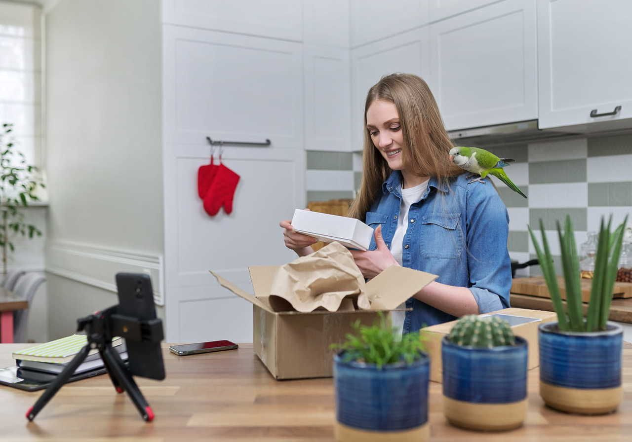 A woman unboxing a package in a kitchen with a parrot on her shoulder. She's smiling, surrounded by plants. A phone on a tripod records the moment.