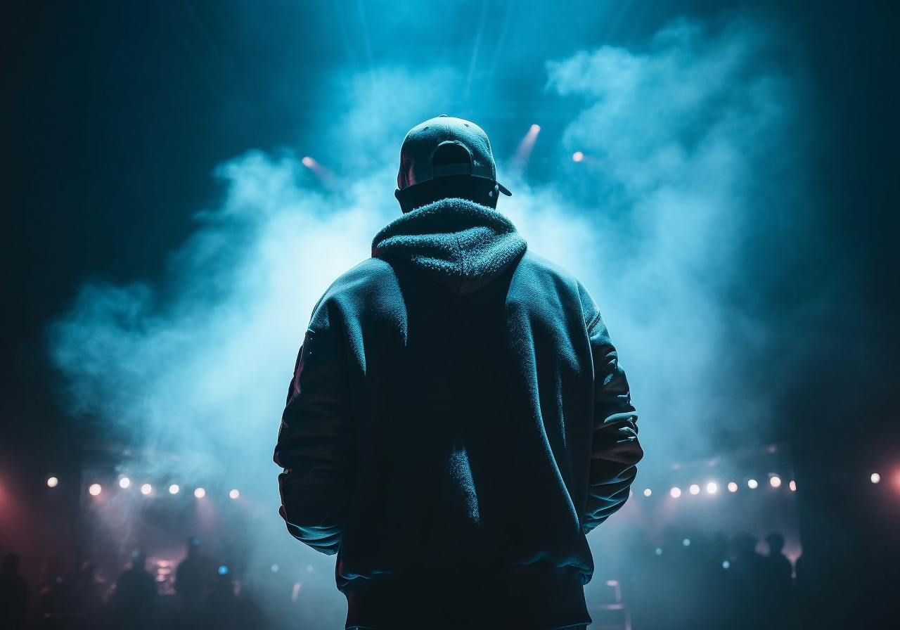 A man in a hoodie and cap stands backlit on stage amid fog, facing a dimly lit audience.