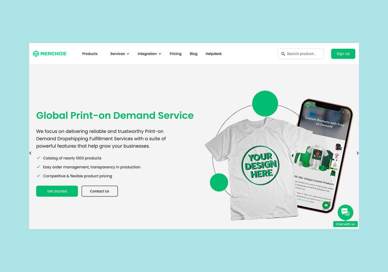 Merchize homepage hero section screenshot mockup.