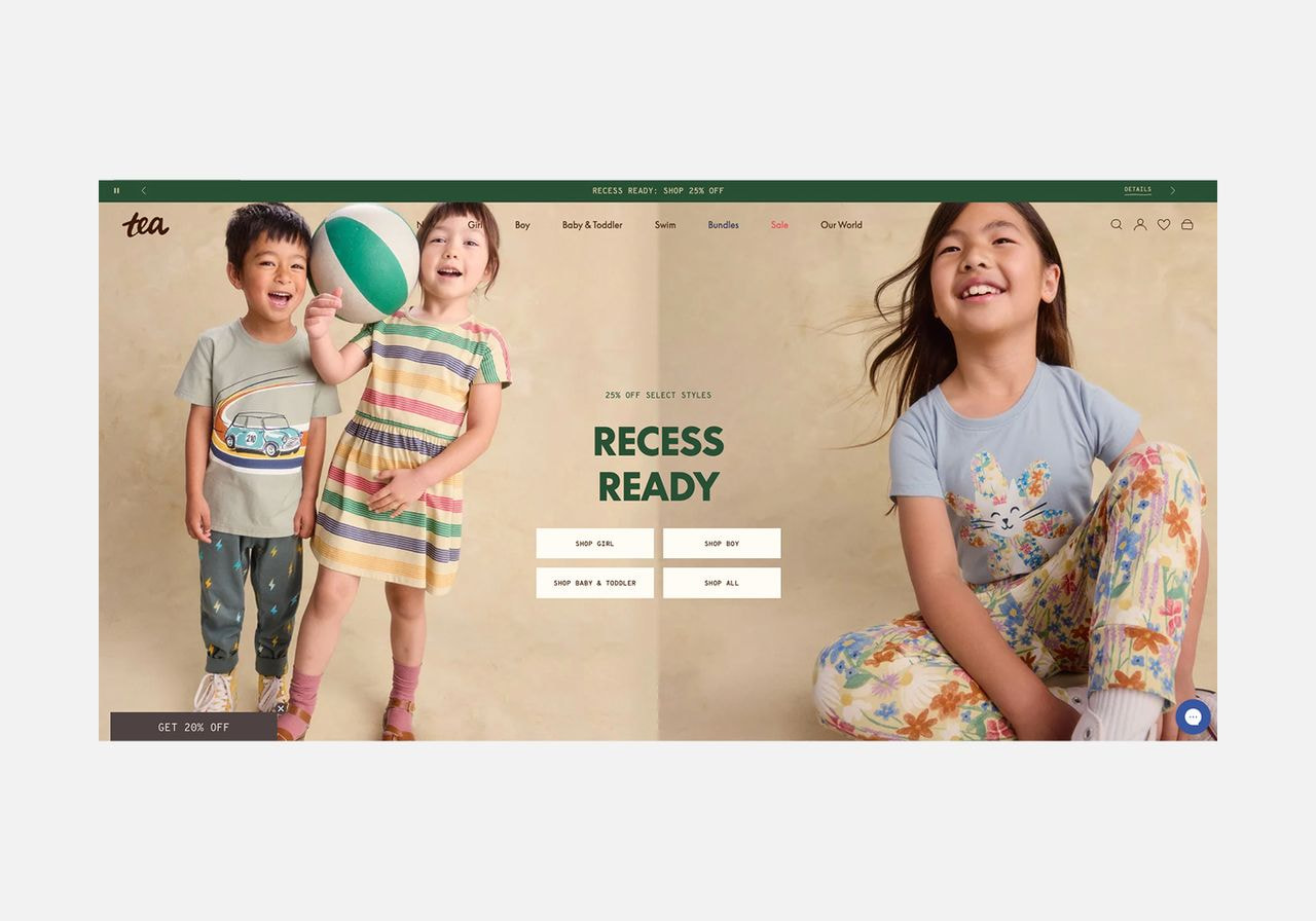 Screenshot of the Tea kids' clothing website homepage featuring two children modeling a 'Recess Ready' sale banner.