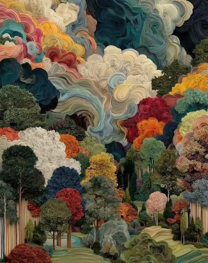 A painting depicting trees beneath a blue sky filled with fluffy white clouds.