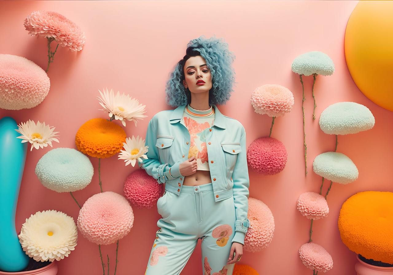 An AI-generated image of a woman in a colorful suit standing in front of a pink wall with flowers.