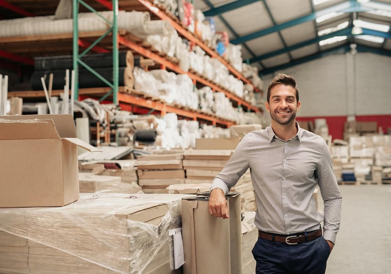 A smiling man stands in a warehouse filled with stacked boxes, showcasing a positive work environment.