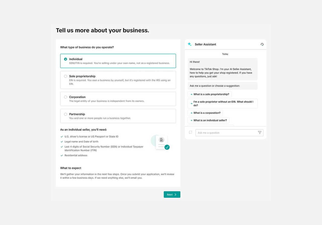 A screenshot mockup showing the process of registering a TikTok Shop account.