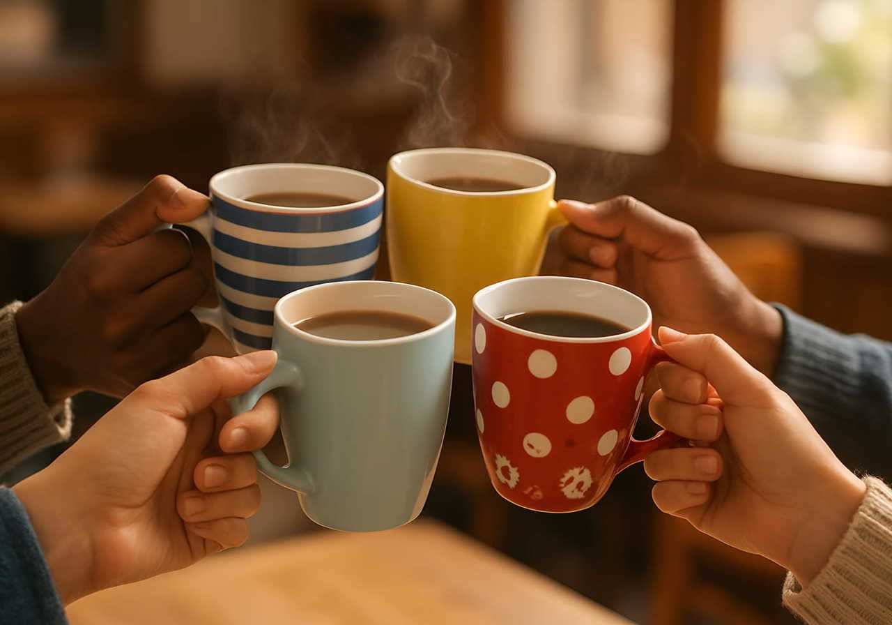 Four hands hold colorful mugs filled with steaming coffee: blue and white stripes, yellow, blue, and red with white polka dots.
