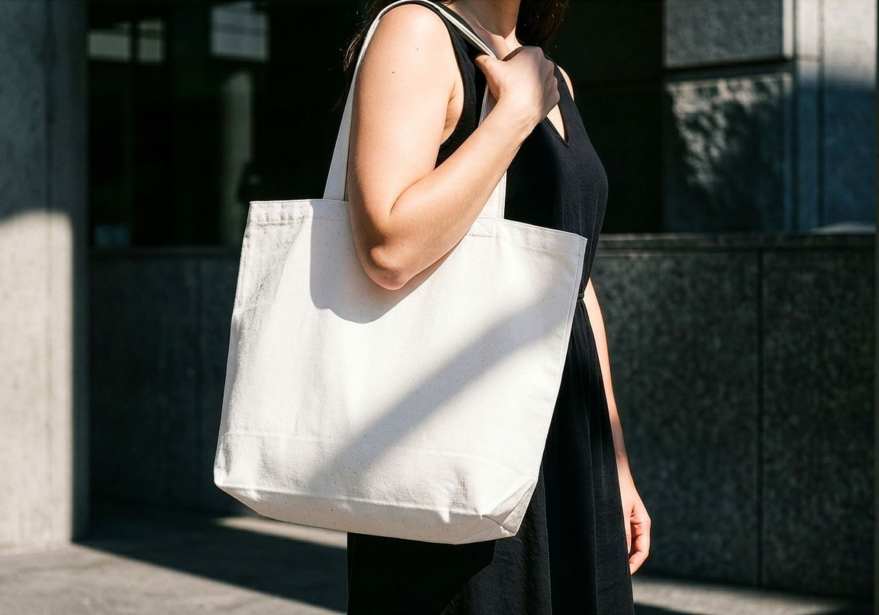 A person holding a tote bag