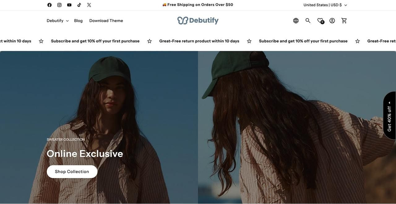 Debutify Shopify theme hero section screenshot as an example of the best Shopify themes for dropshipping.