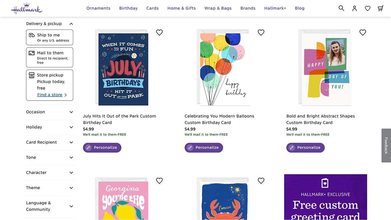 Hallmark greeting card category page screenshot.