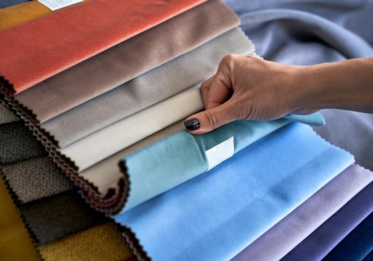 A woman is checking different fabrics.