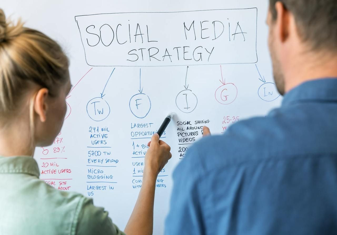 Two people discuss social media strategy on a whiteboard, with arrows pointing to icons.