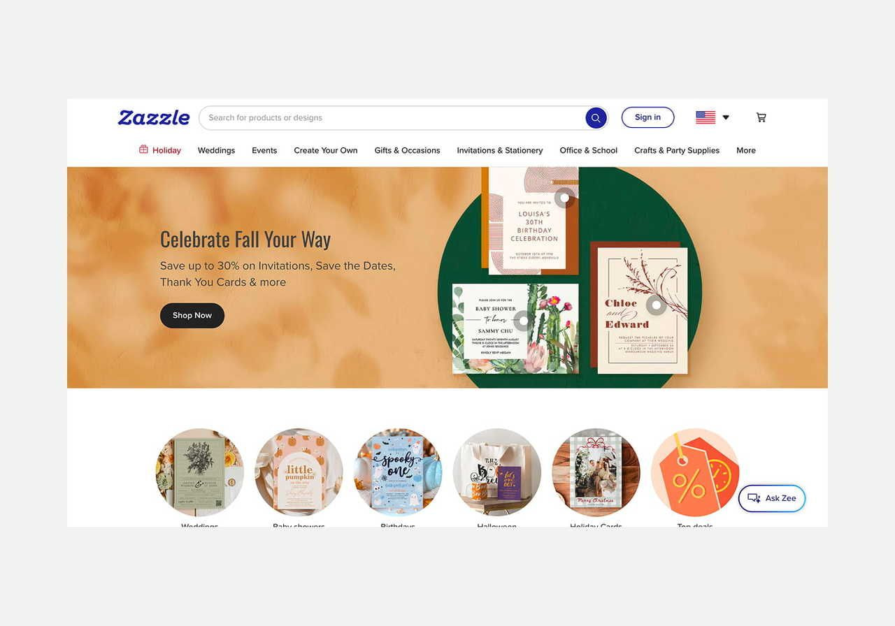 Zazzle homepage hero section screenshot mockup.