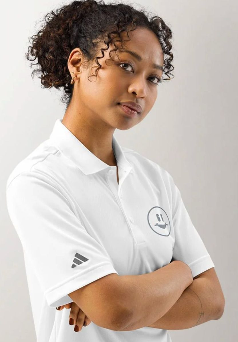 A woman is wearing Adidas t-shirt.