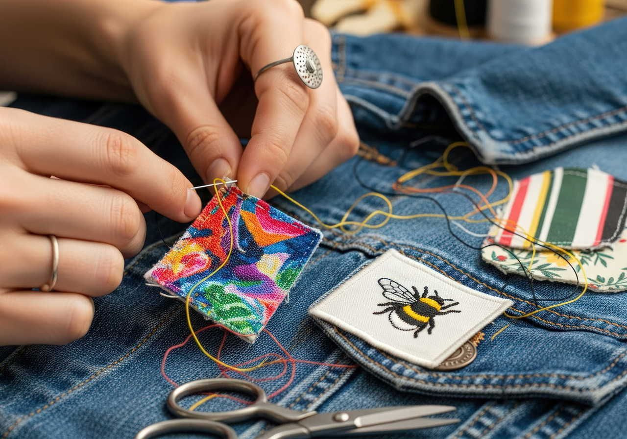 Hands sewing colorful patches onto a blue denim jacket, including a bee design. Crafting tools like scissors are visible.