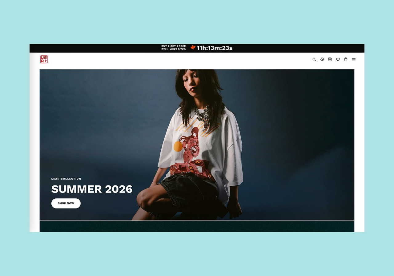 Umai Clothing homepage hero section screenshot mockup.