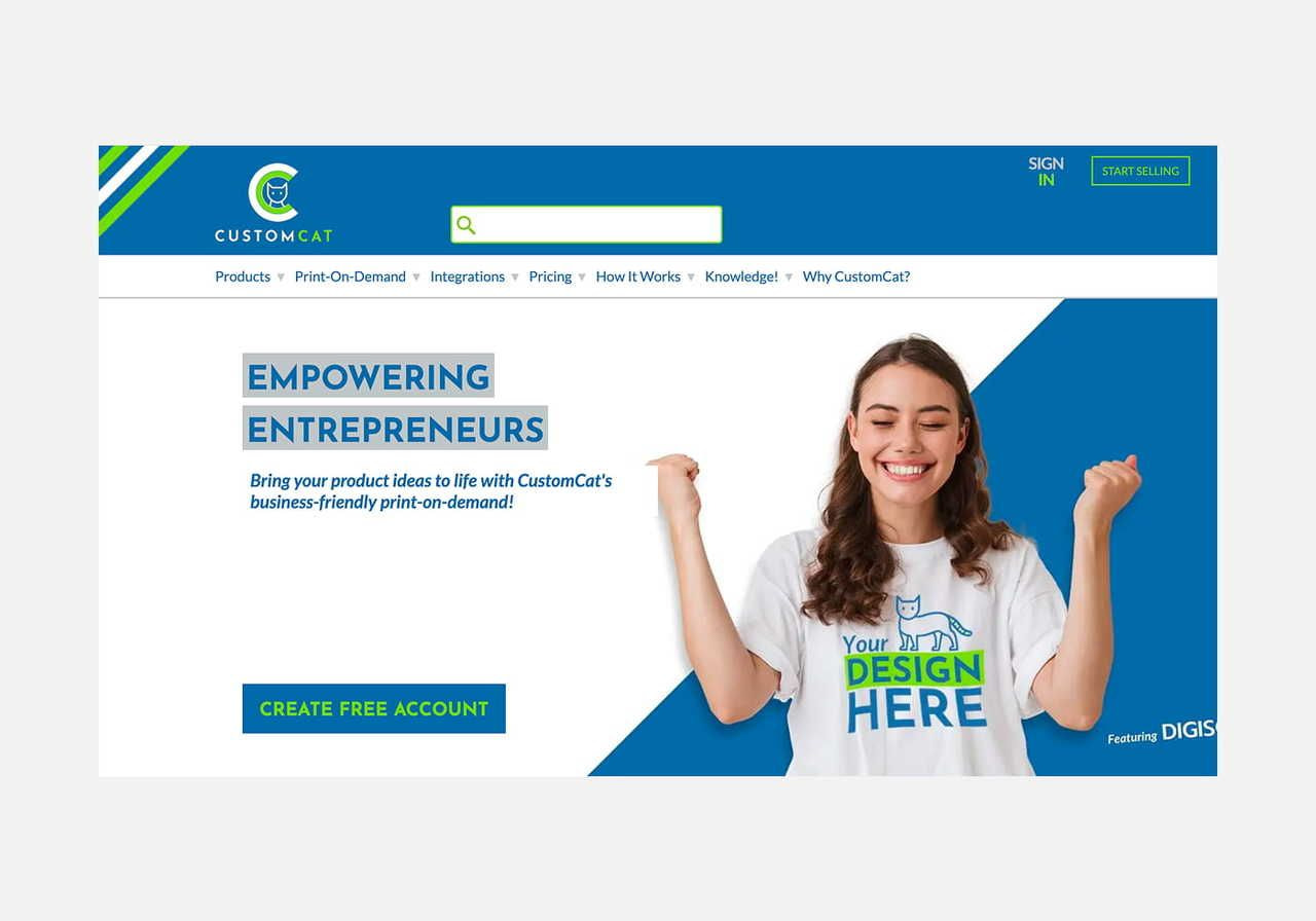 CustomCat homepage hero section screenshot mockup.