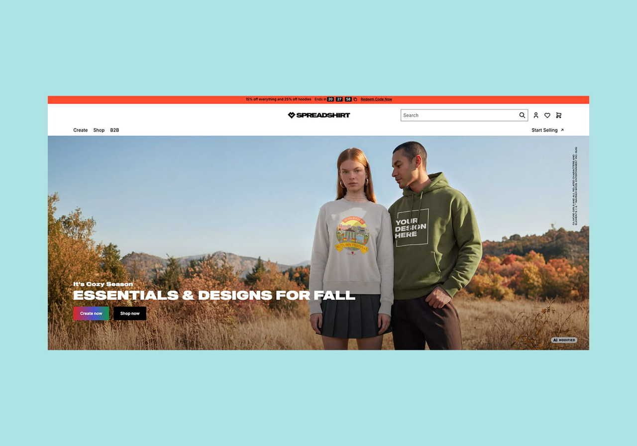 Spreadshirt homepage hero section screenshot mockup.