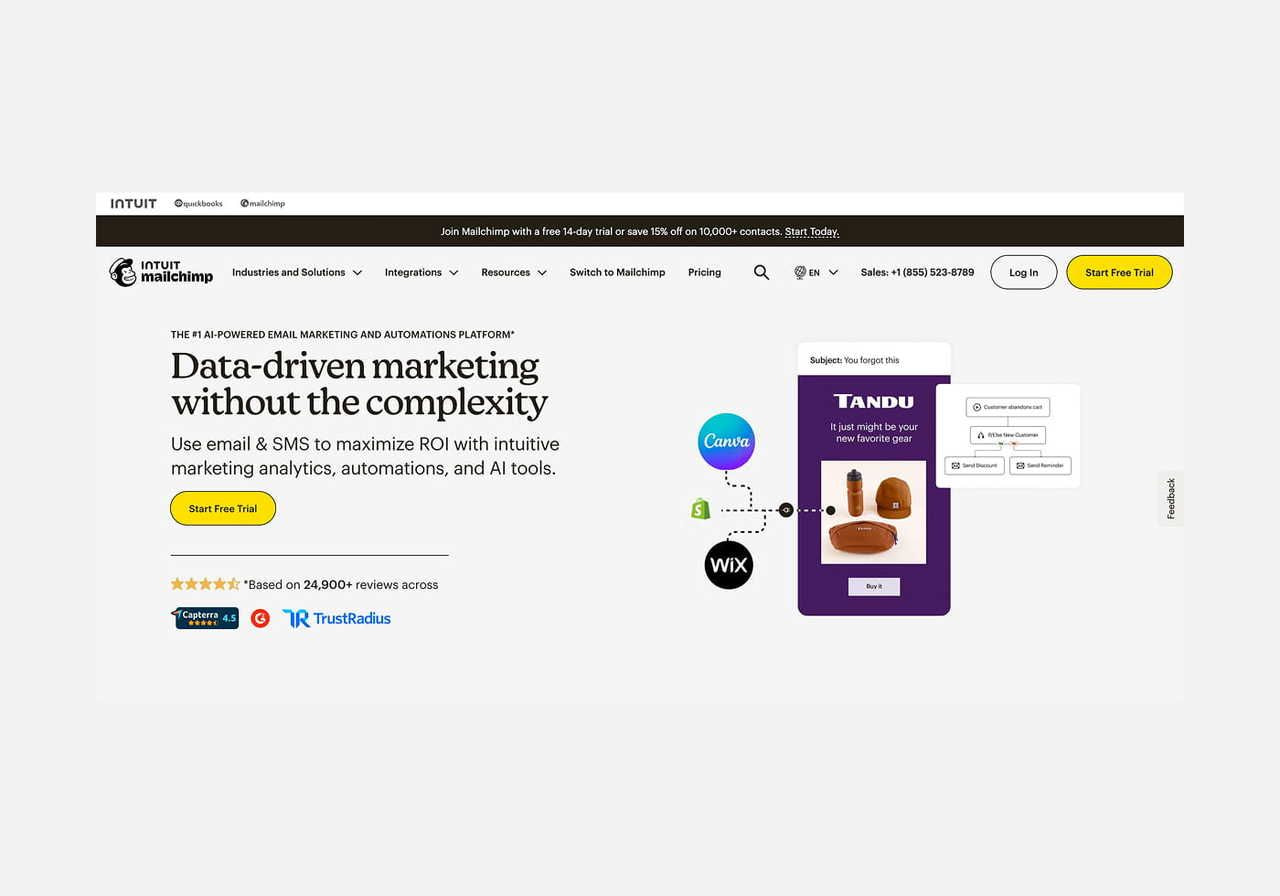 Mailchimp homepage hero section screenshot mockup.