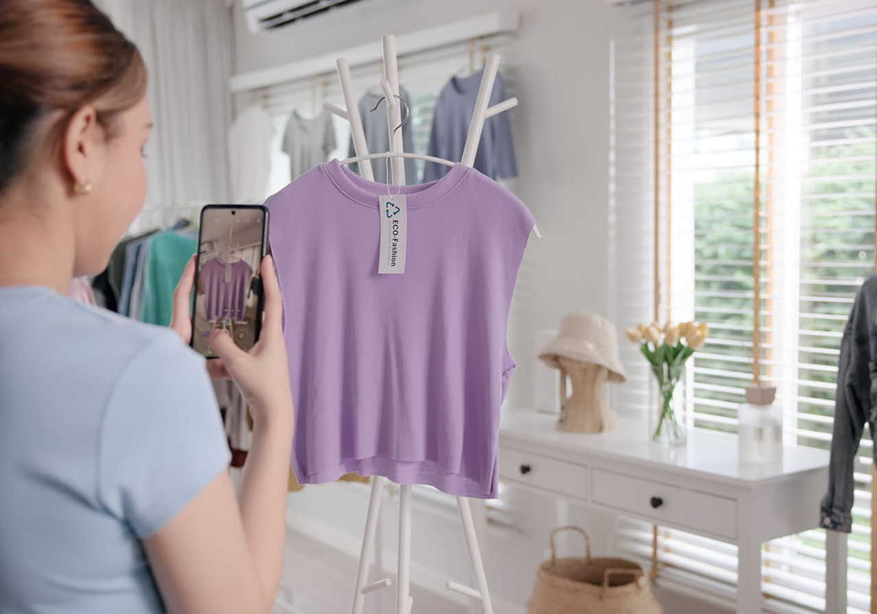 A person taking a photo of a purple shirt hanging on a rack in a well-lit room.