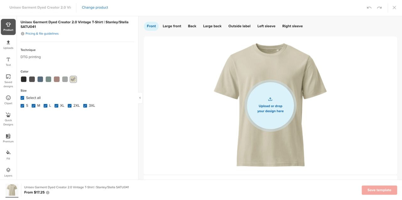 Printful Design Maker interface featuring a customizable T-shirt mockup with design upload options, color and size selection, print placement controls, and product configuration tools.