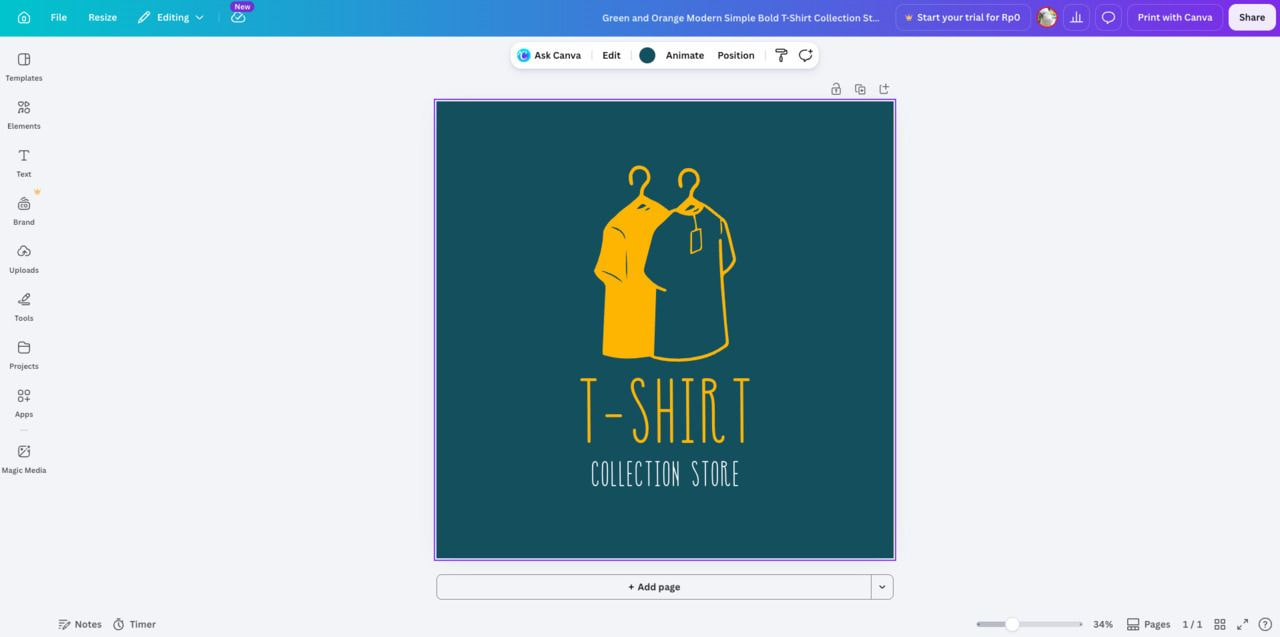 Canva design editor displaying a custom T-shirt store logo project, with editing tools, templates, and branding options available in the workspace.