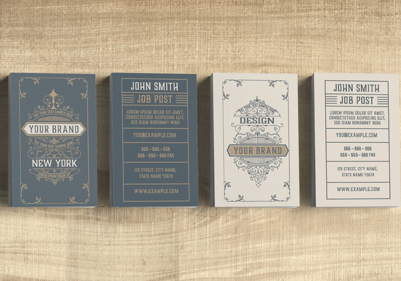 Three distinct business cards displayed, each featuring unique designs and color schemes.