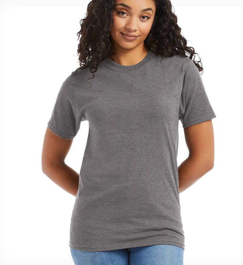 A woman is wearing a Hanes t-shirt.