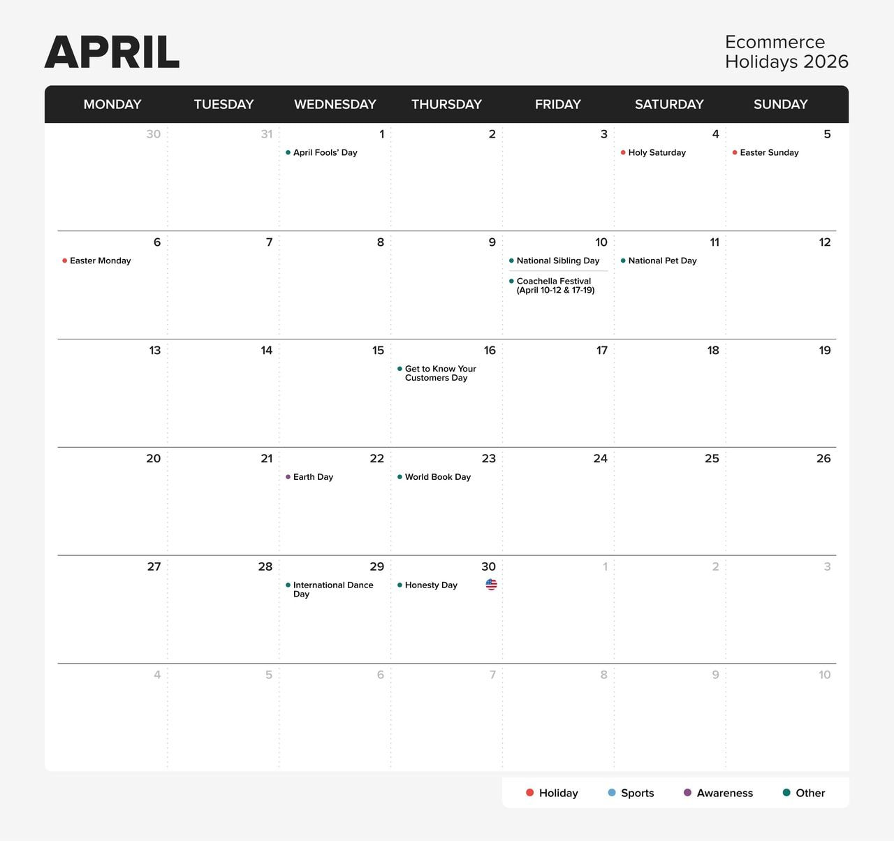 Printful’s eCommerce holiday calendar for 2026, month - April.