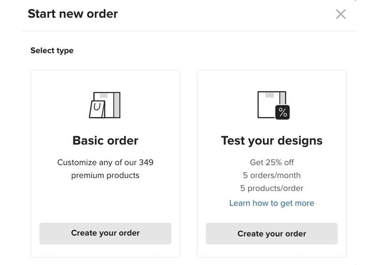 Printful order type selection screenshot.