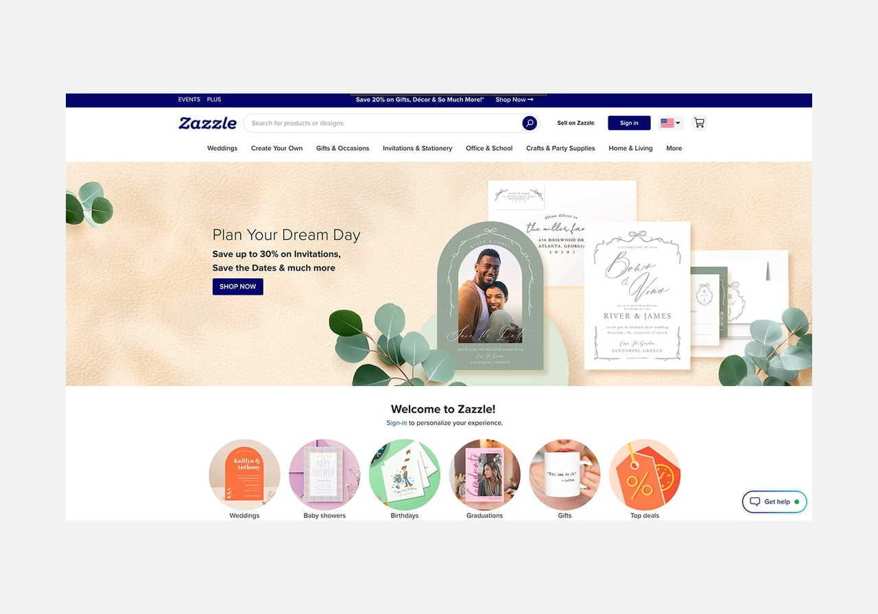 A screenshot mockup of Zazzle’s homepage hero section.
