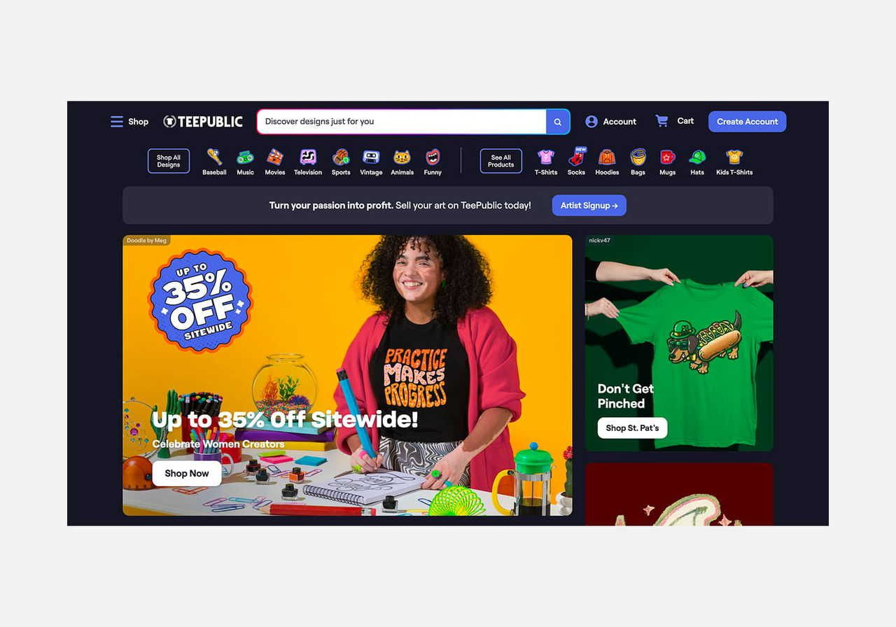 TeePublic homepage hero section screenshot mockup.