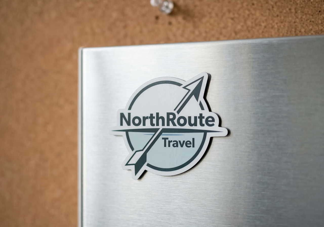 A magnet of a compass and arrow reading "NorthRoute Travel" on a metallic surface, with a corkboard background.
