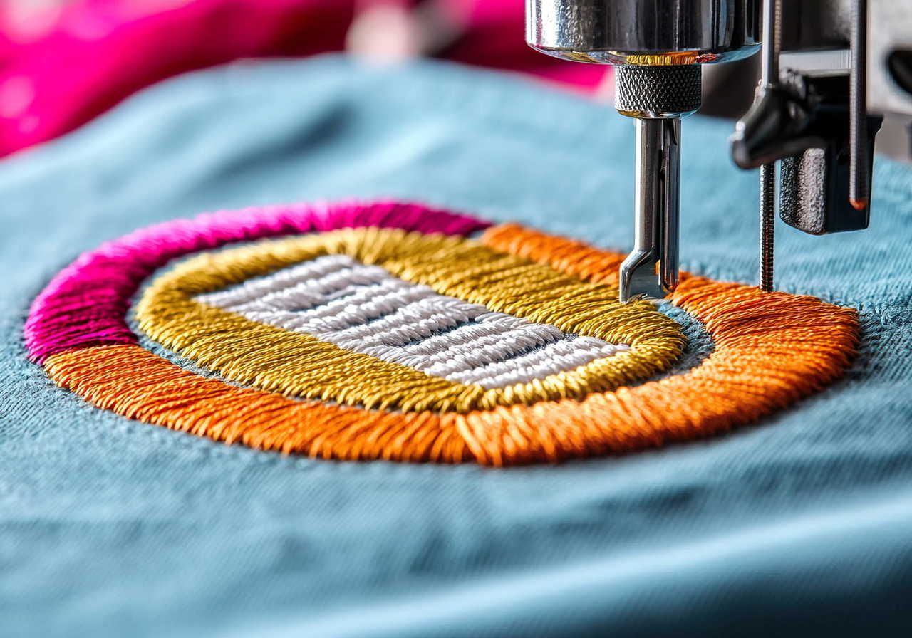 A sewing machine embroidering a colorful patch. The design features concentric circles in pink, orange, and yellow on blue fabric.