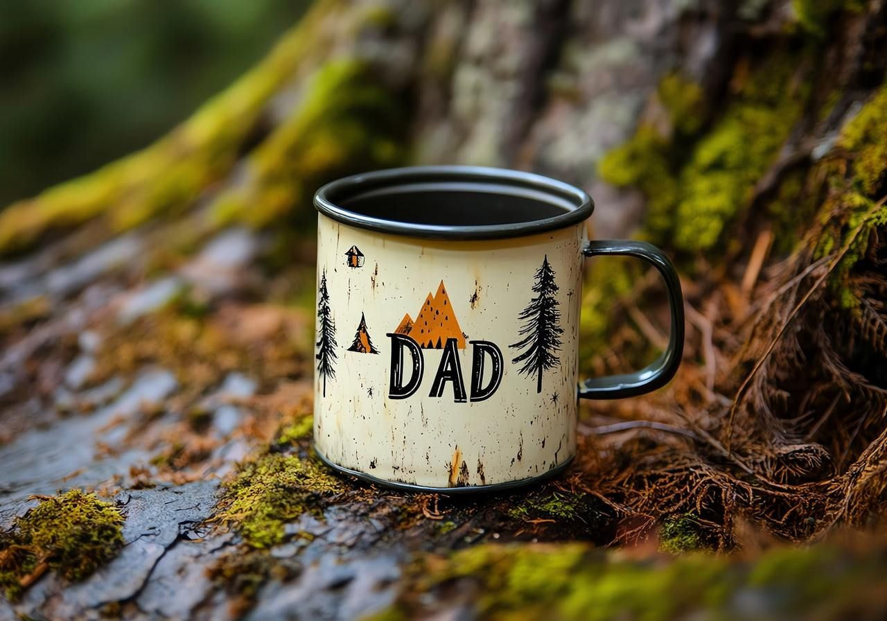 A rustic mug with "Dad" and mountain graphics sits on a moss-covered log.
