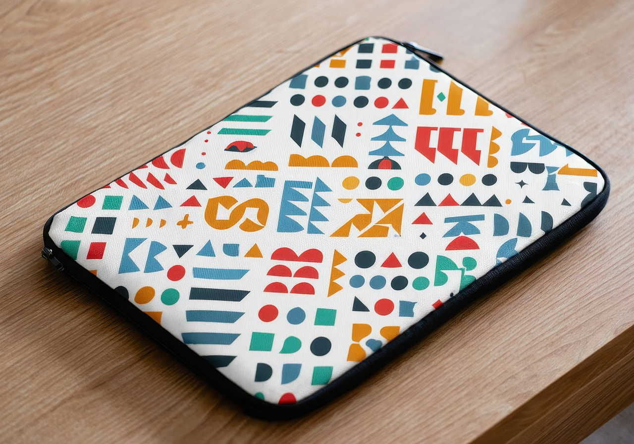 Laptop sleeve on a wooden table, featuring a vibrant geometric pattern with colorful shapes like circles and triangles.