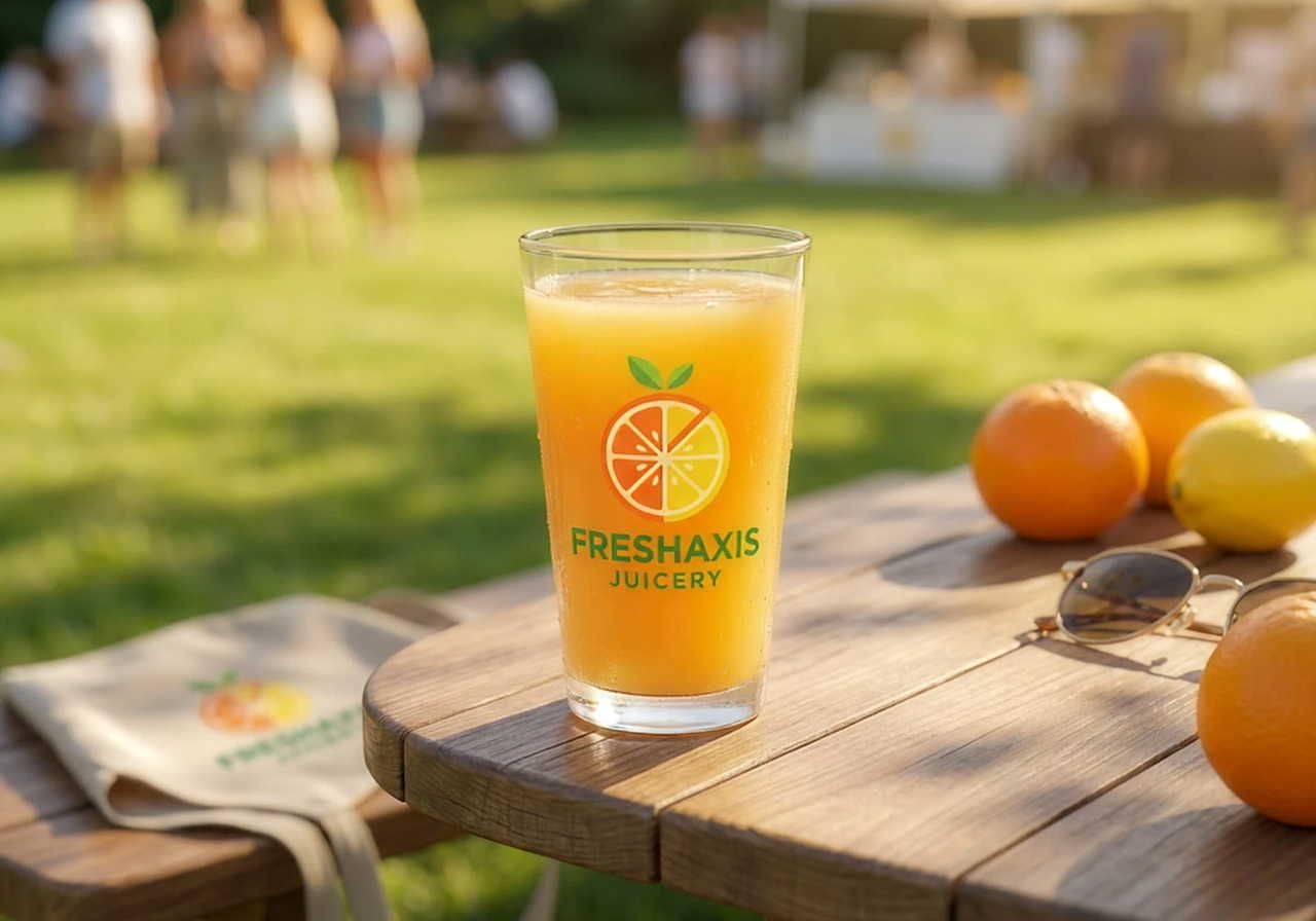 A refreshing orange juice in a branded glass on a picnic table, surrounded by oranges, sunglasses, and a tote bag.