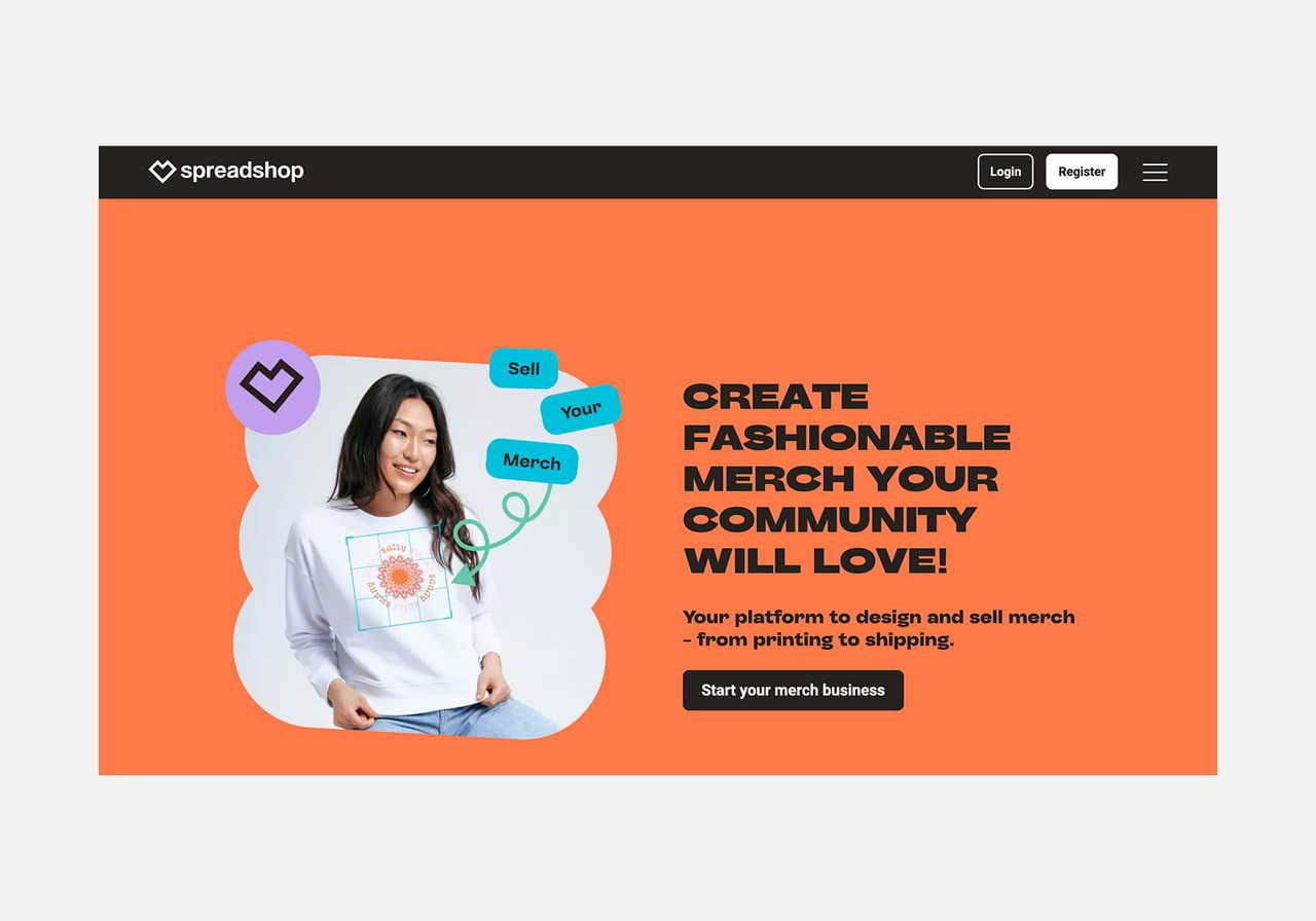 Spreadshop homepage hero section screenshot mockup.