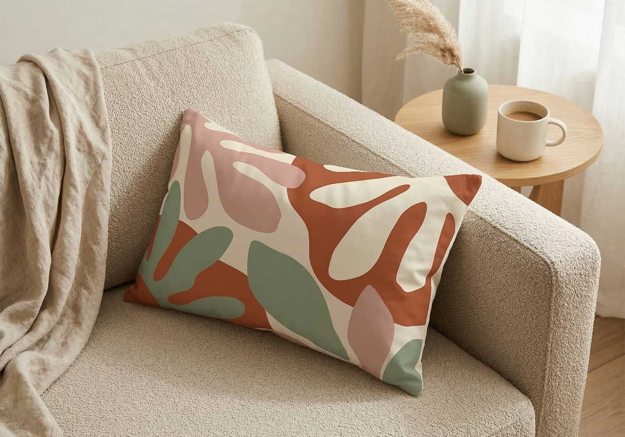 A beige sofa with a colorful abstract pillow sits next to a wooden table holding a mug and a vase with pampas grass.