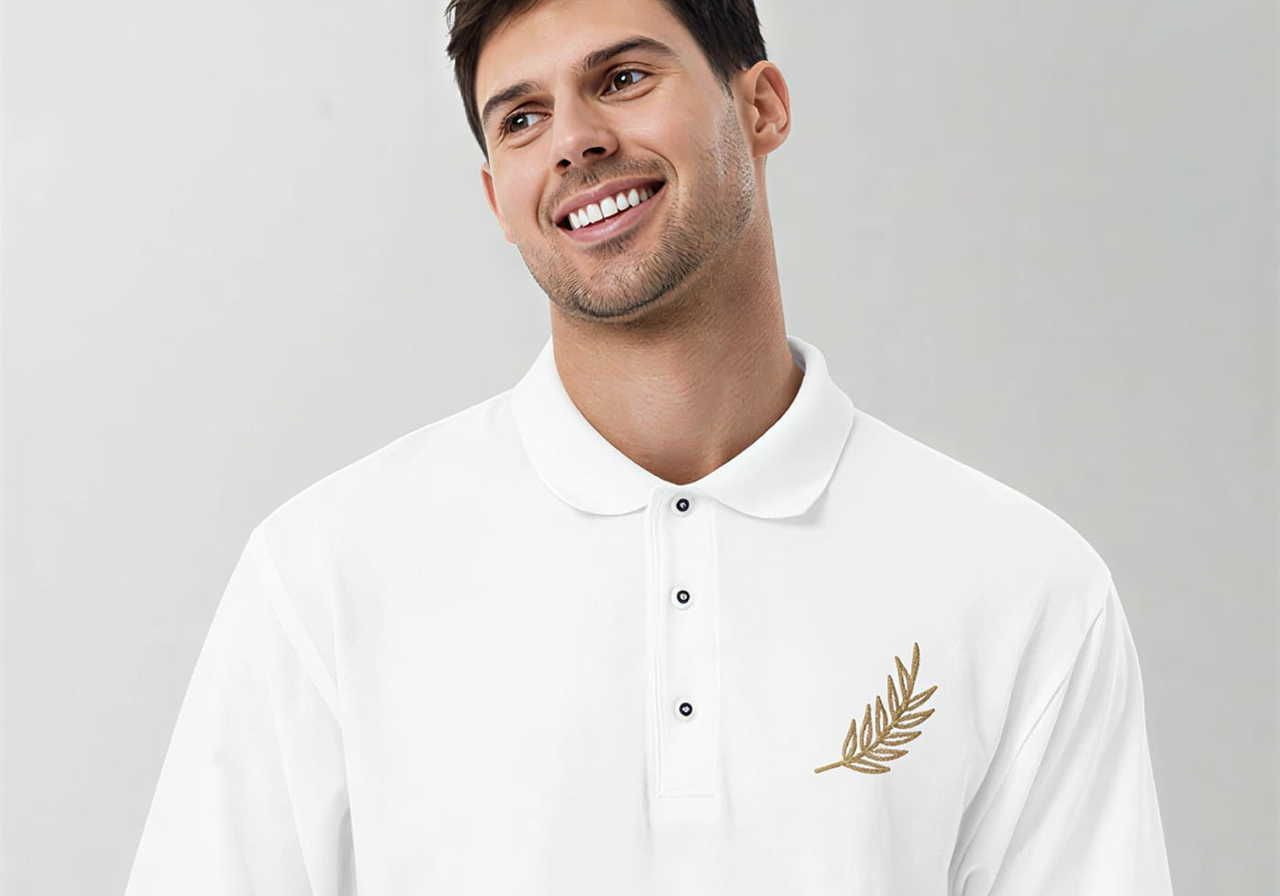 Smiling man in a white polo shirt with a gold embroidered leaf design on the chest, set against a light gray background.
