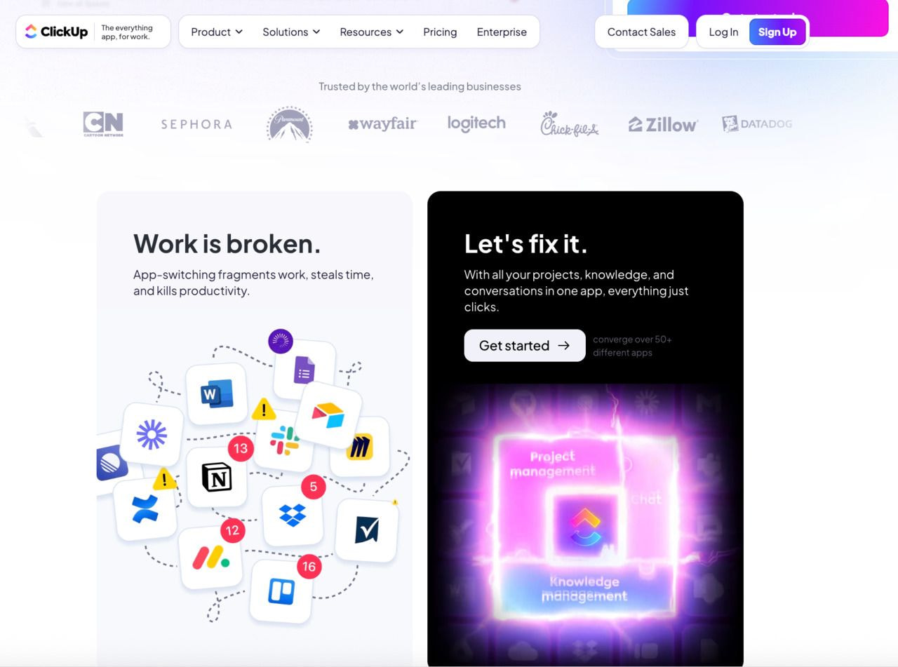 A screenshot of a ClickUp landing page.