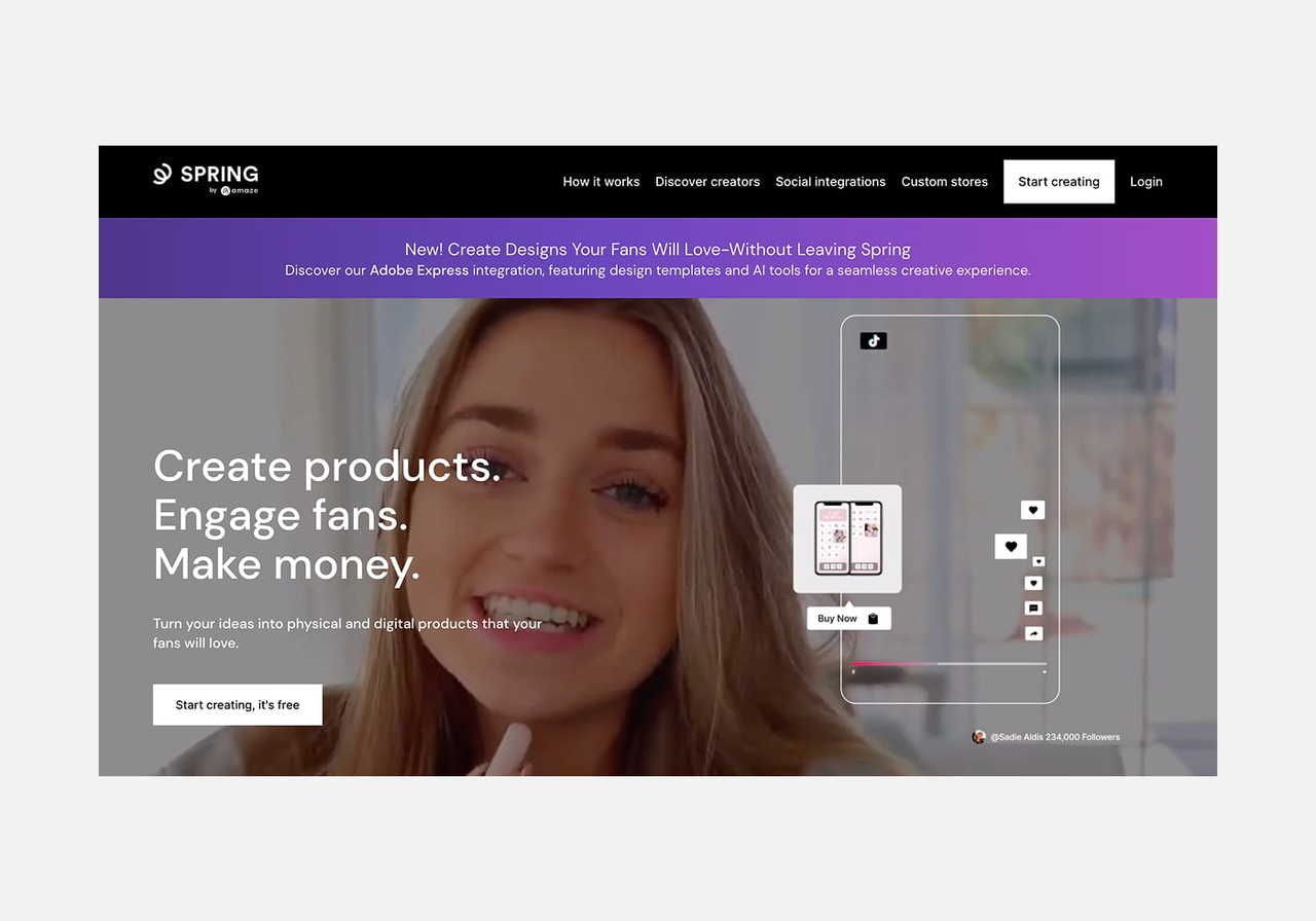 A screenshot mockup of the Spring homepage hero section.