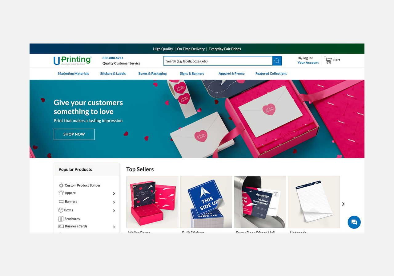 A screenshot mockup of the Uprinting homepage hero section.