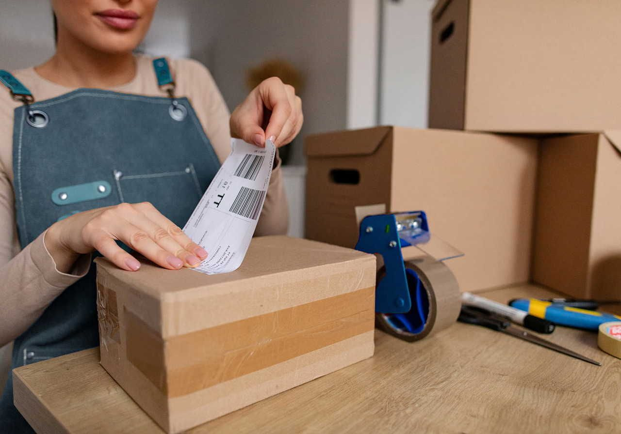 A woman placing a shipping label on a cardboard box, with packing supplies visible on a table.