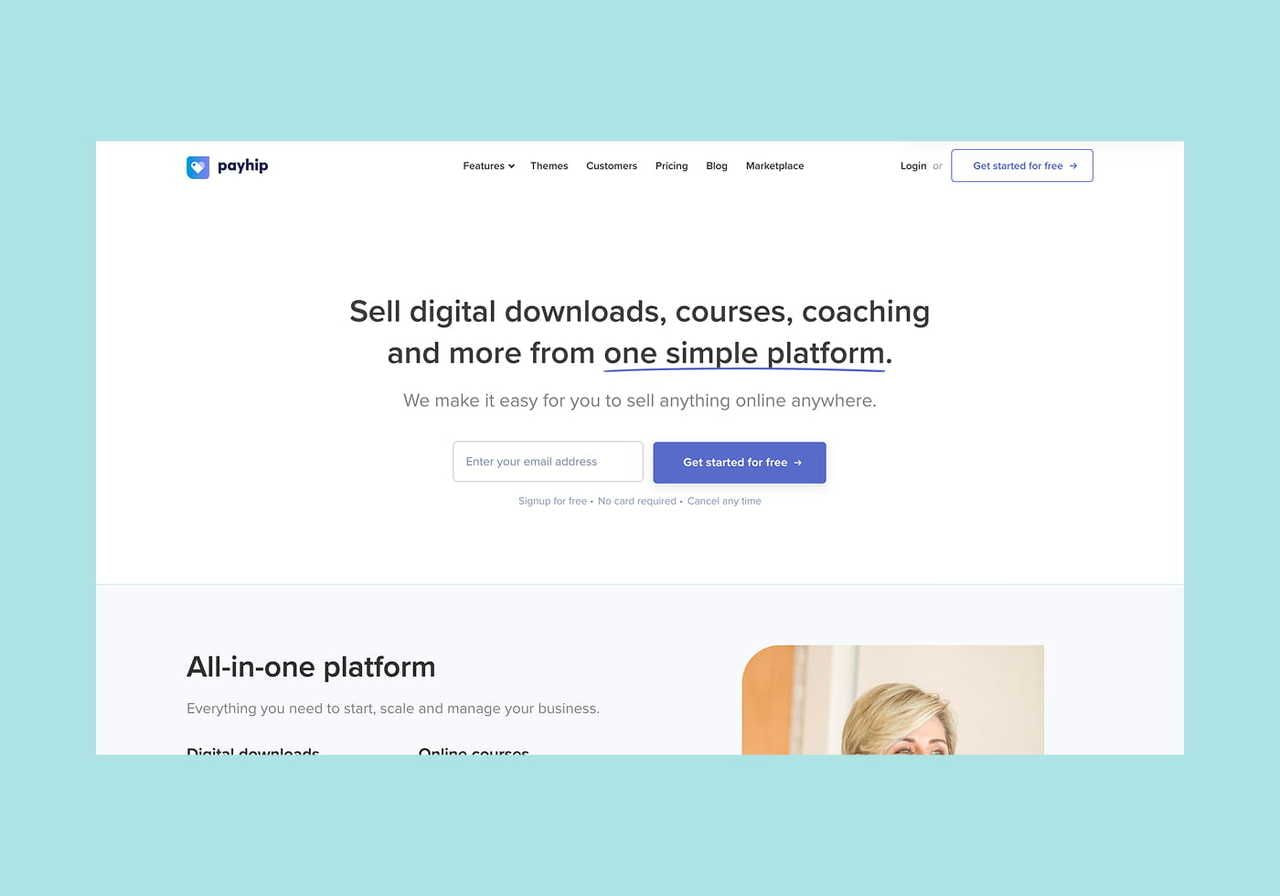 Payhip homepage hero section screenshot mockup.