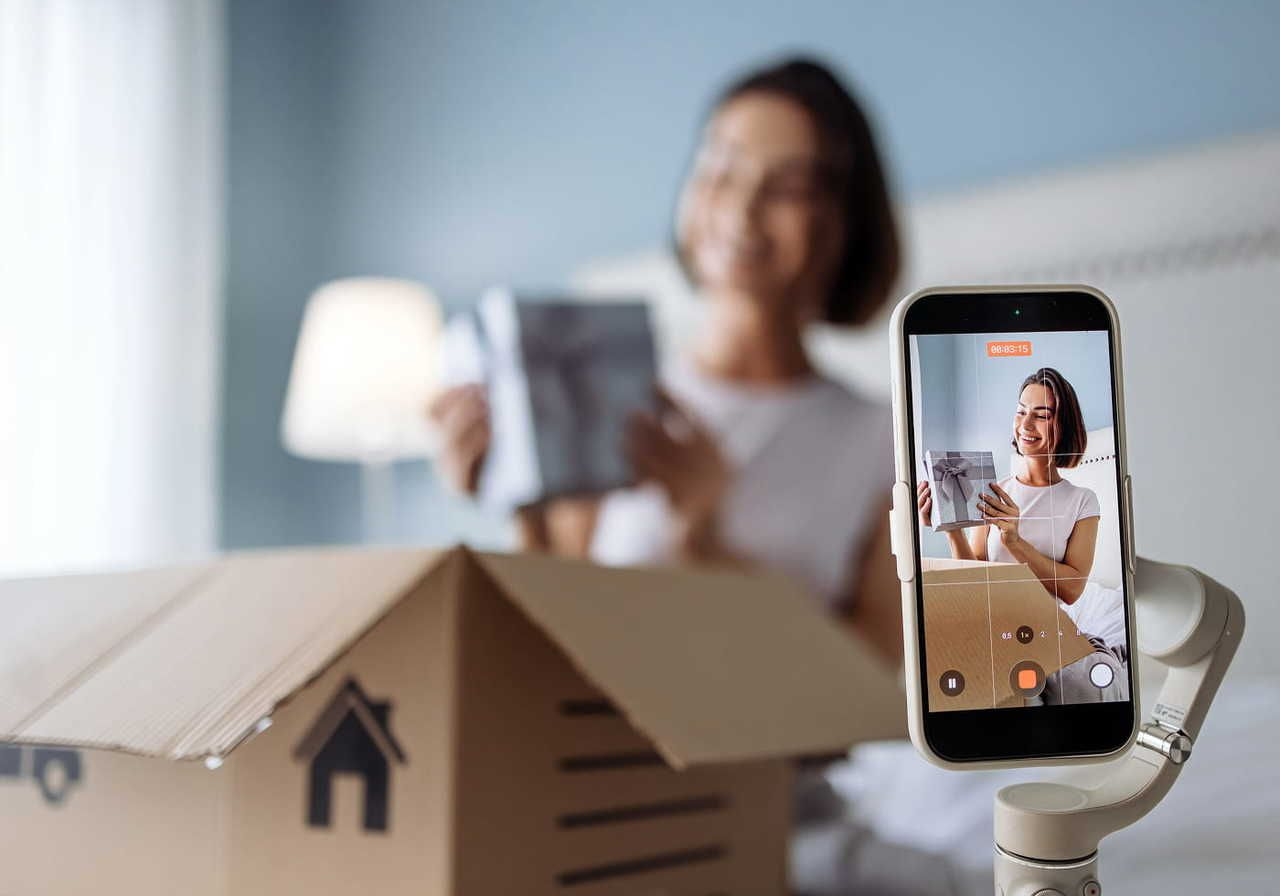 A person using a smartphone to browse an app or website, searching for tips on social media marketing for eCommerce.