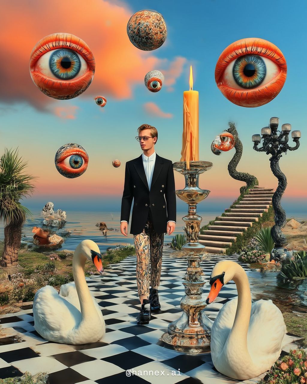 A man in a suit and glasses stands before swans and a large eye, creating a surreal and intriguing scene.