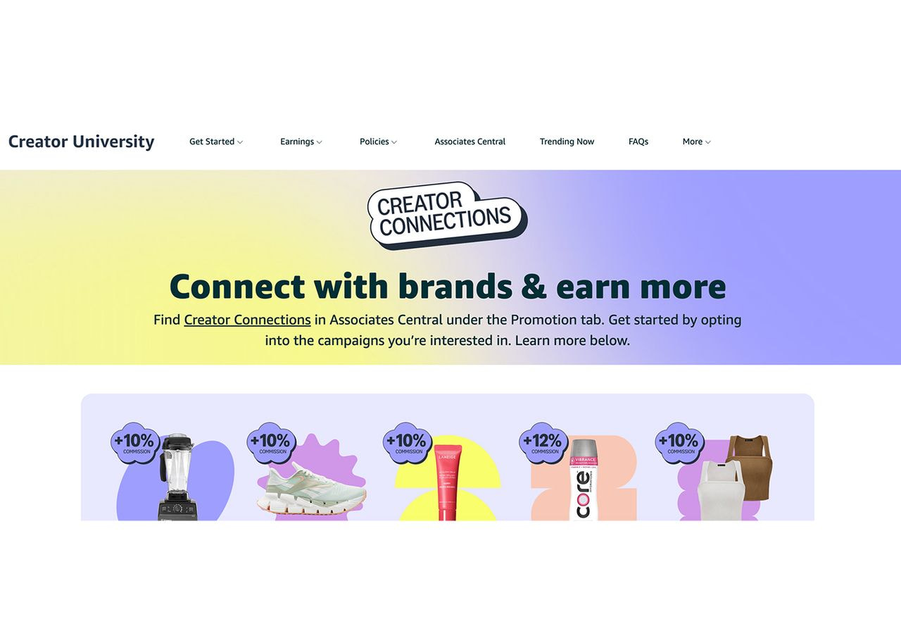 Amazon creator connections landing page.